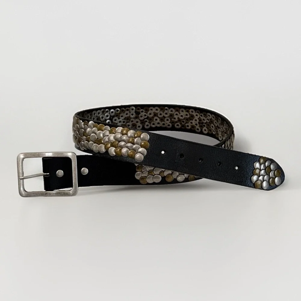 Men's Leather Island Sak's Fifth Ave Leather Studded Black Belt Size 34 Rare